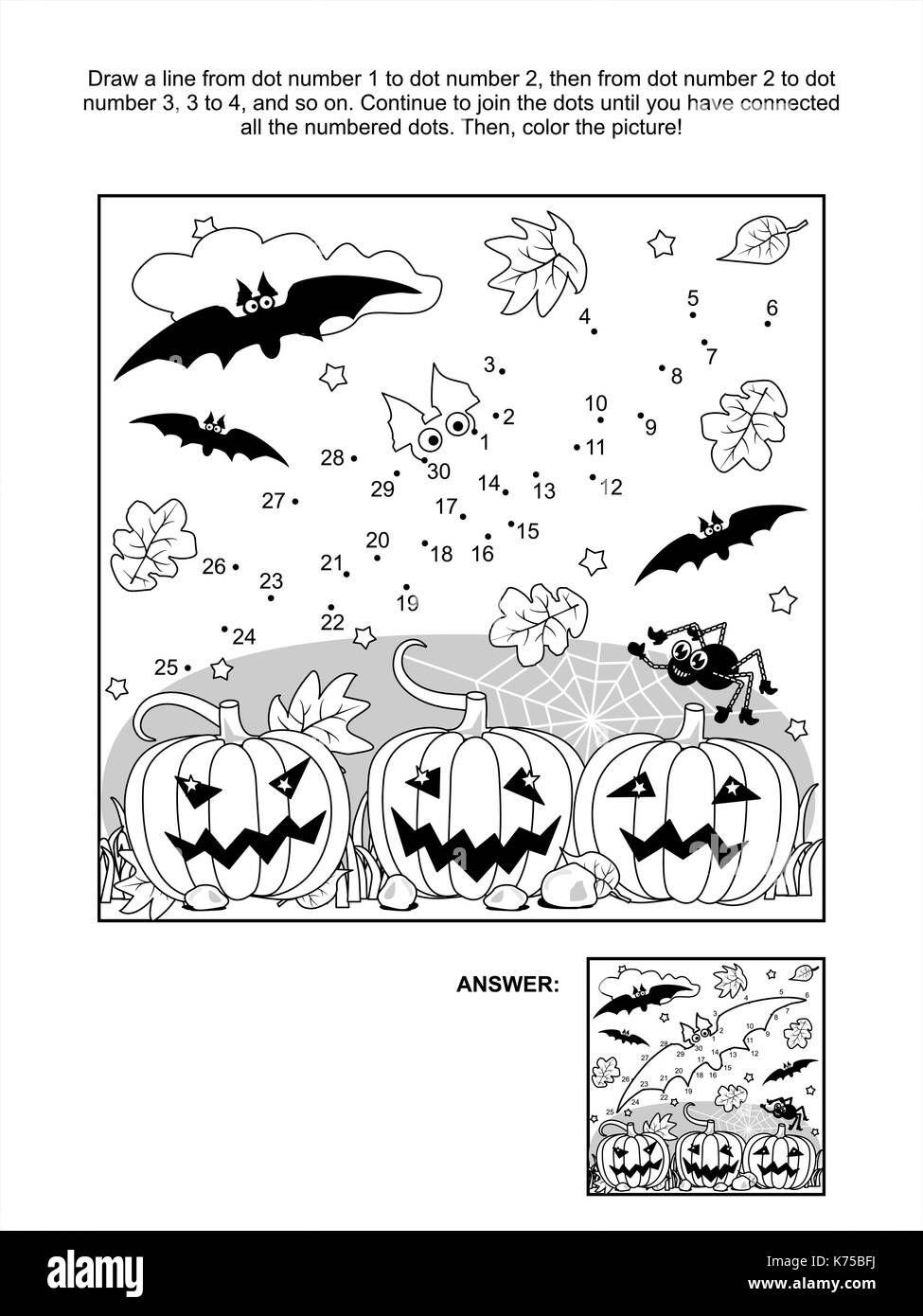 Collegare i puntini rompicapo e la colorazione di pagina - halloween scena con i pipistrelli, zucche, ragno e ragnatela. risposta inclusa. Illustrazione Vettoriale