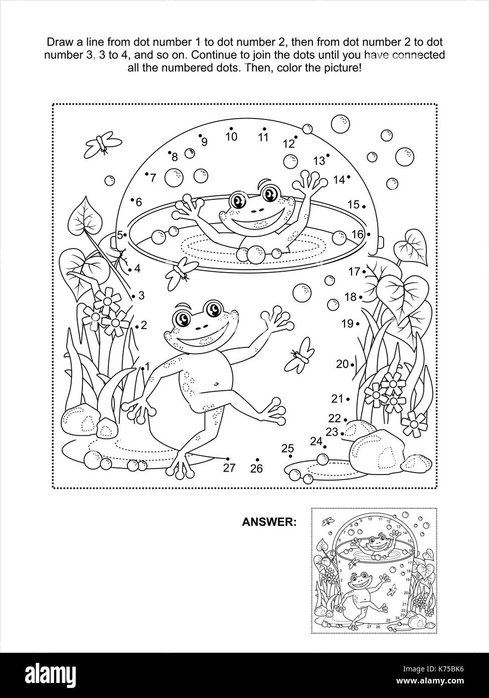 Collegare i puntini rompicapo e pagina di colorazione con felice rane, benna piena di acqua, bolle, pozzanghere, erba, fiori, insetti Illustrazione Vettoriale