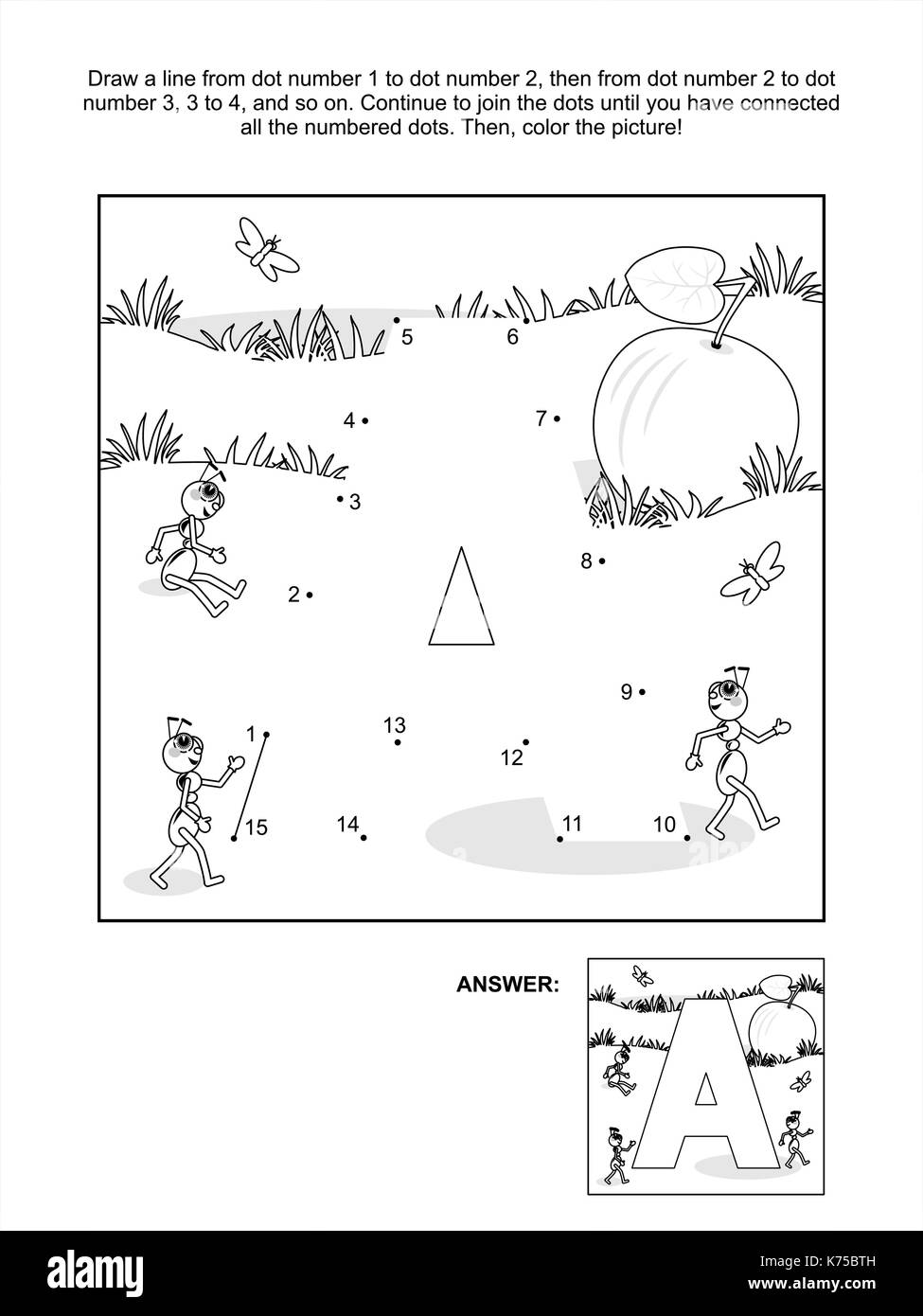 Educational collegare i puntini rompicapo e la colorazione di pagina - lettera a, apple e formiche. risposta inclusa. Illustrazione Vettoriale