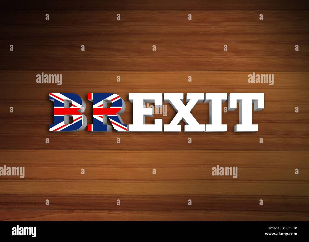 Brexit - lettere di volume con la bandiera del Regno Unito su sfondo di legno. Illustrazione Foto Stock