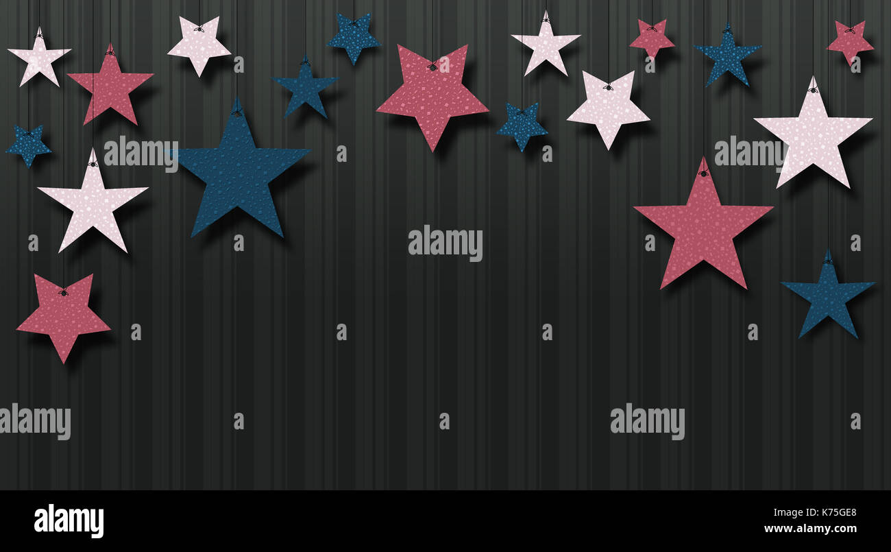 Sfondo di stelle di carta multicolore appeso di fronte a una parete con carta da parati per Natale con spazio copia Foto Stock