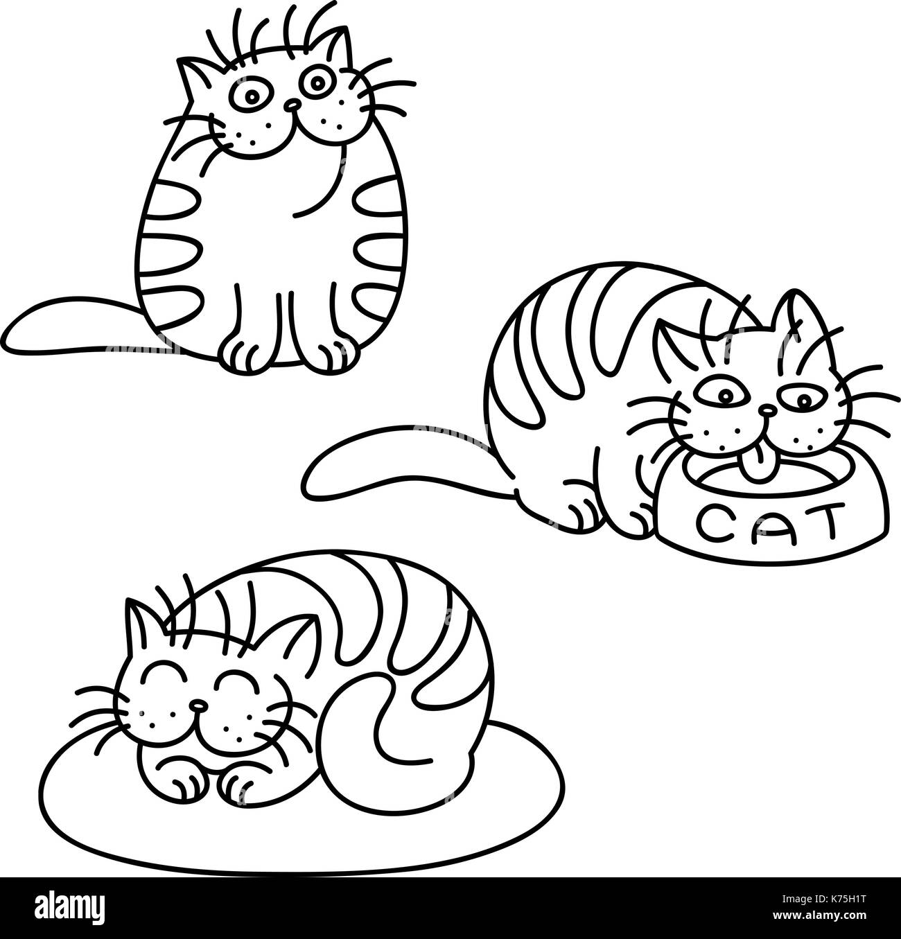 Cat emoticon set. funny cartoon cool carattere. contorno disegno digitale carino pet. colore bianco sullo sfondo. allegro gattino raccolta per web icone un Illustrazione Vettoriale