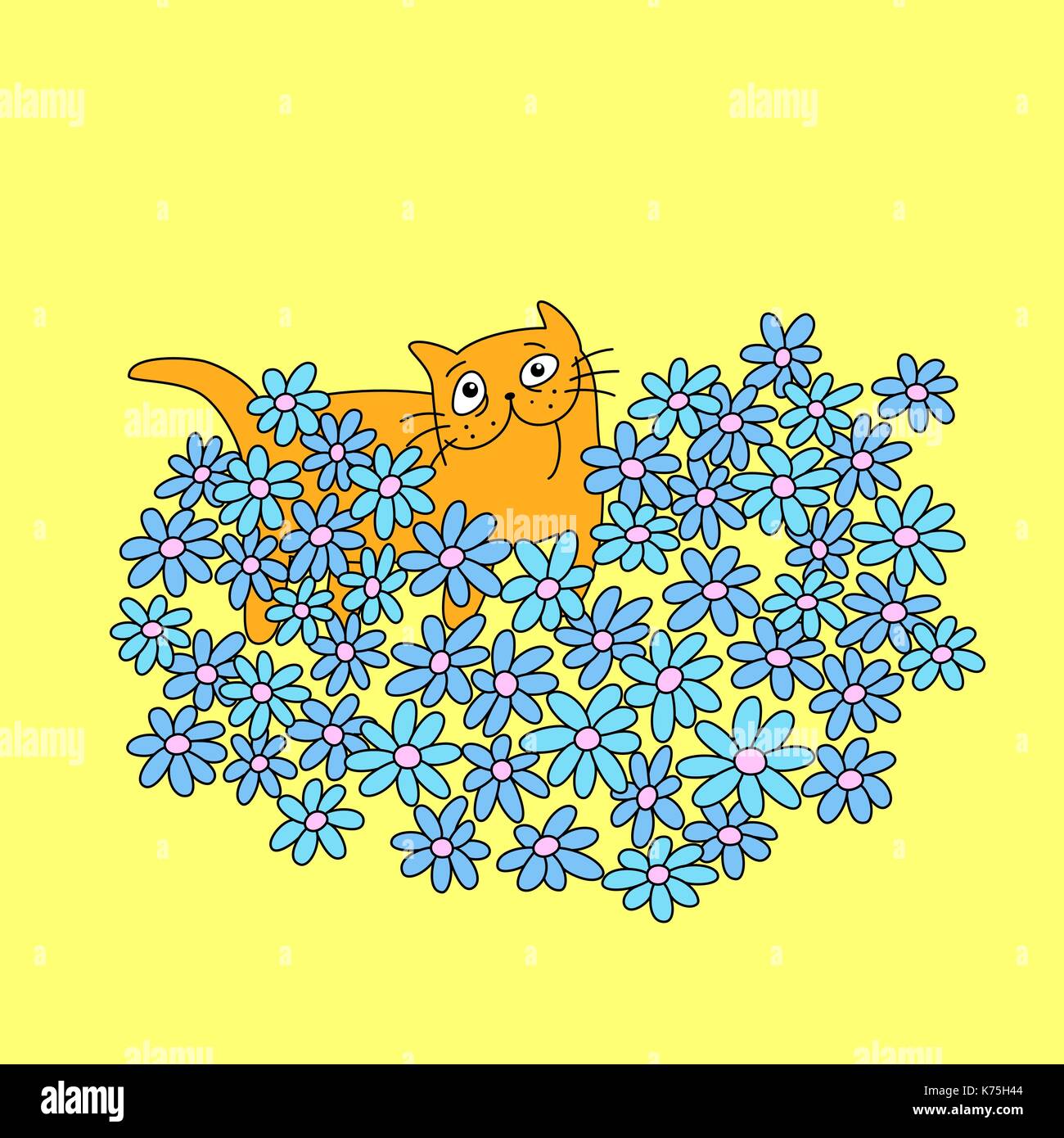 Gatto con un mazzo di fiori a forma di cuore. funny cartoon amore freddo carattere. il colore giallo dello sfondo. illustrazione vettoriale Illustrazione Vettoriale