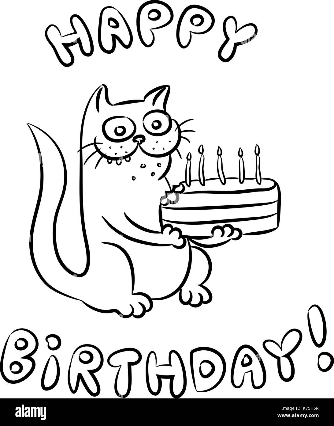 Cat si congratula con il buon compleanno e presente una torta. illustrazione vettoriale Illustrazione Vettoriale