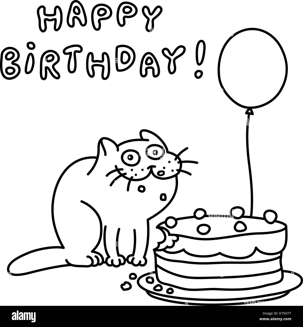 Divertente gatto con una torta e un palloncino si congratula con. buon compleanno. illustrazione vettoriale Illustrazione Vettoriale