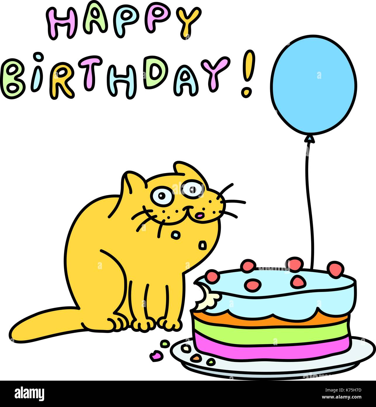 Divertente gatto con una torta e un palloncino si congratula con. buon  compleanno. illustrazione vettoriale Immagine e Vettoriale - Alamy