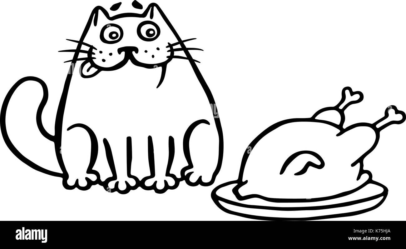Cute cat e il pollo fritto sul tavolo. funny cartoon cool carattere. contorno a mano libera il disegno digitale isolato illustrazione vettoriale. Illustrazione Vettoriale