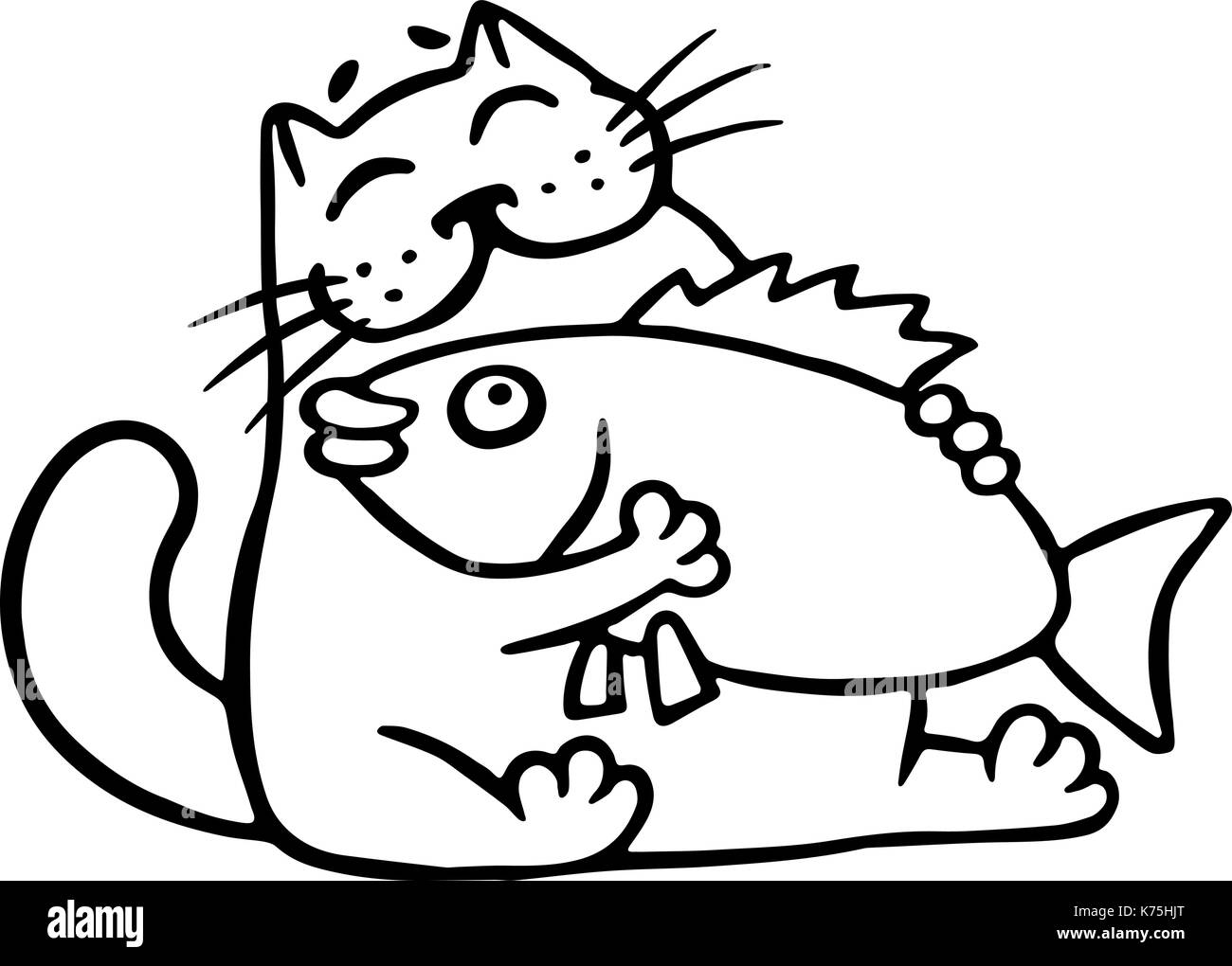 Cat abbracciando il grande pesce. cartoon cool carattere. contorno a mano libera il disegno digitale isolato illustrazione vettoriale. Illustrazione Vettoriale