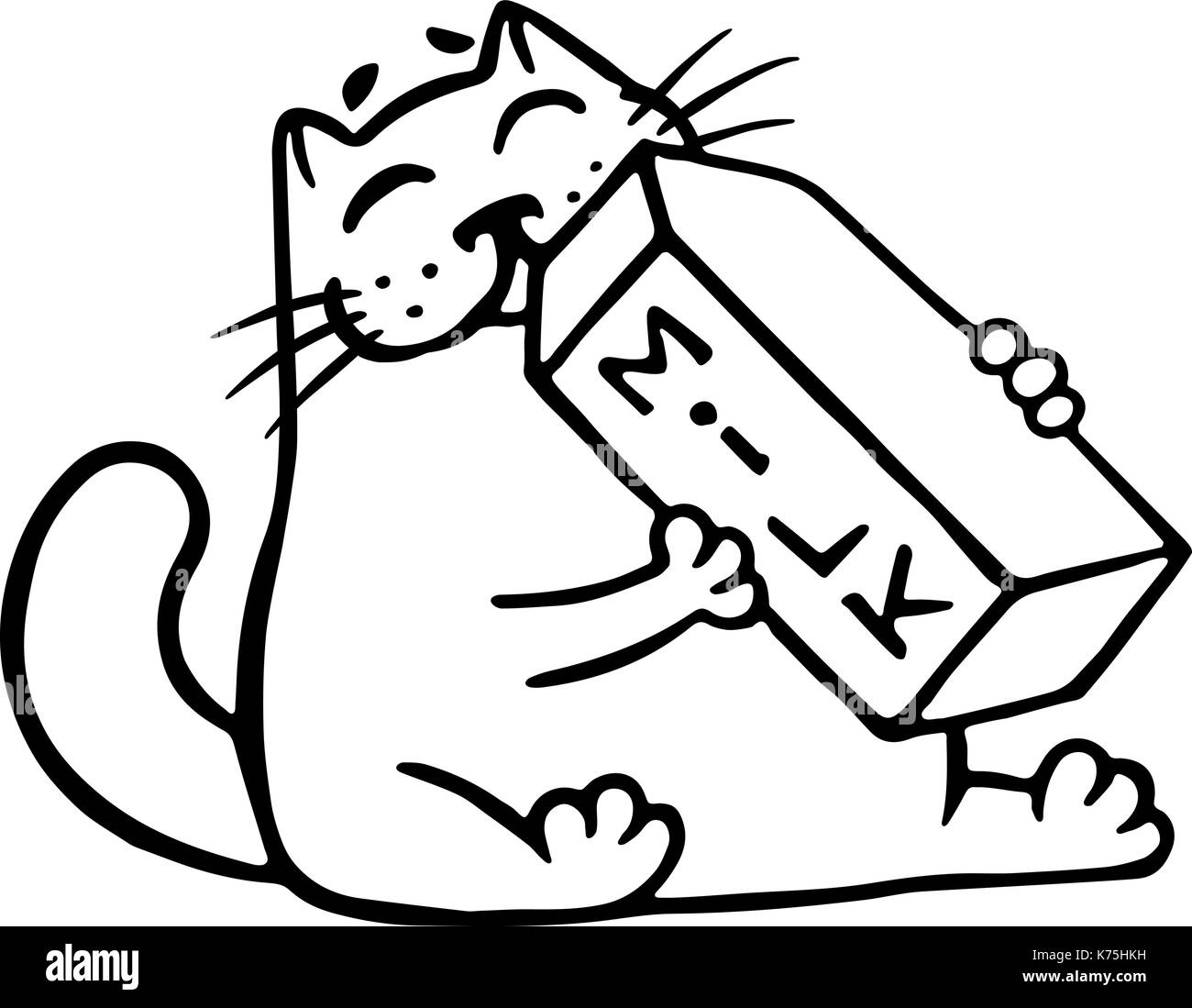 Cartoon gatto è bere latte. funny cartoon cool carattere. contorno a mano libera il disegno digitale cute cat. bianco colore di sfondo. allegro pet per il web ic Illustrazione Vettoriale