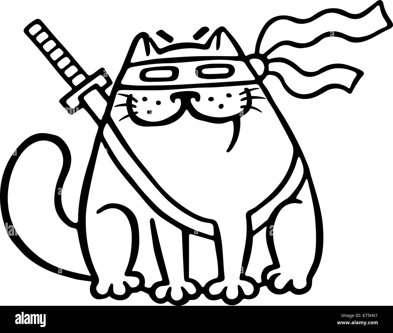 Fat Ninja gatto in una maschera e una spada dietro di lui. funny cartoon cool carattere. isolato illustrazione vettoriale. bianco colore di sfondo. funny cartoon char Illustrazione Vettoriale