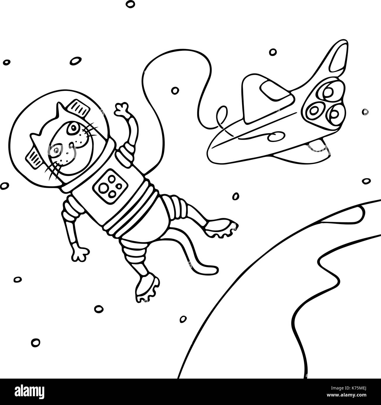 Cartoon cat astronauta nei colori bianco e nero. freehand digital schizzo. isolato illustrazione vettoriale. Illustrazione Vettoriale