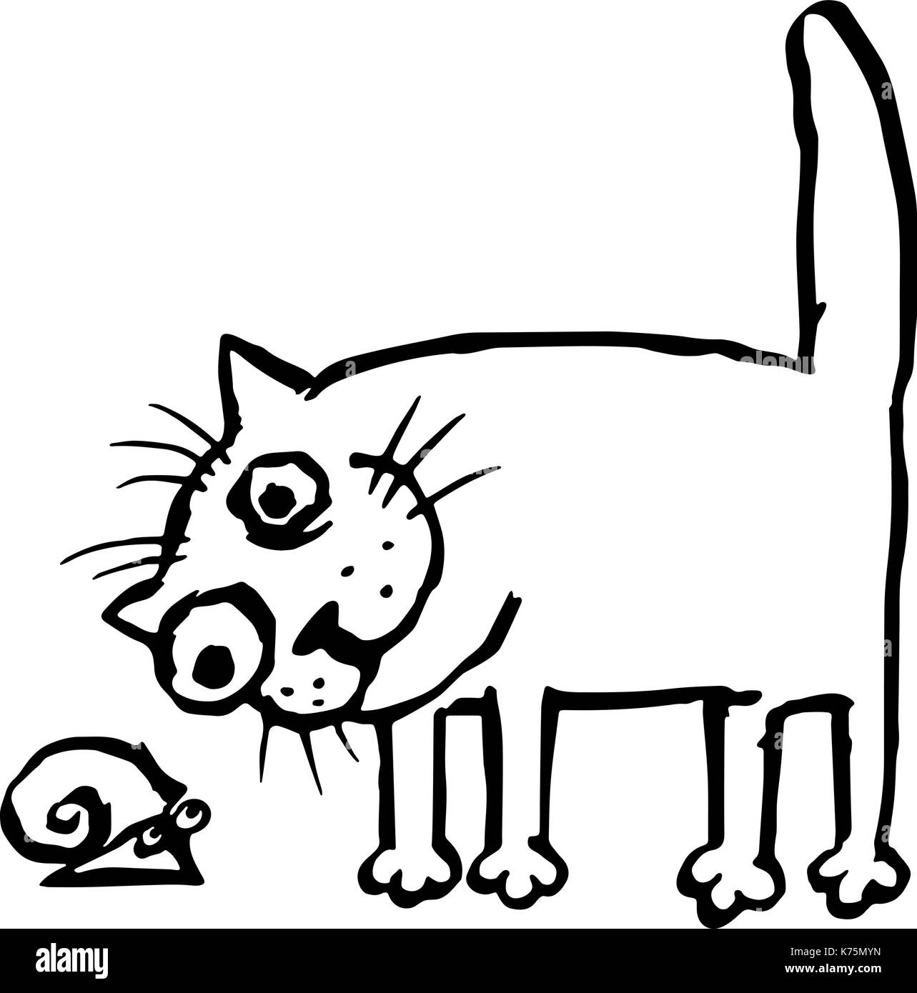 Il gatto è studiare la lumaca. illustrazione vettoriale. pet allegro e divertente slug. Illustrazione Vettoriale