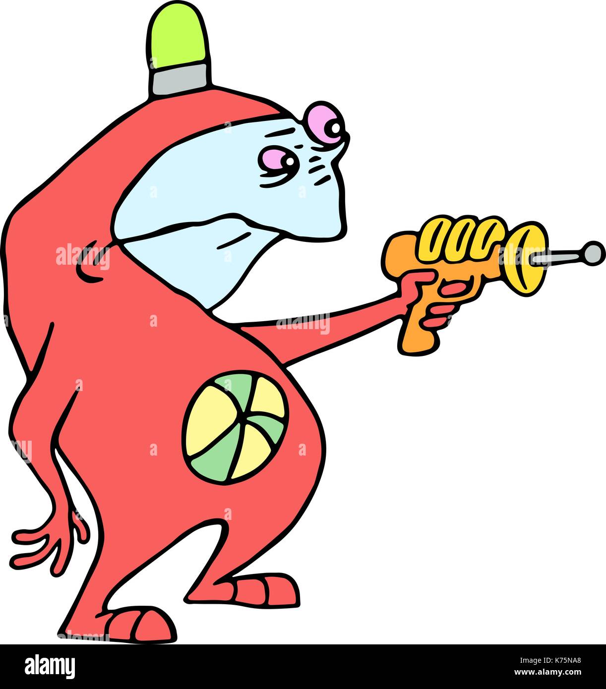 Spazio cartoon alien mira da il blaster in mano. illustrazione vettoriale. Cartoon carino carattere. Illustrazione Vettoriale