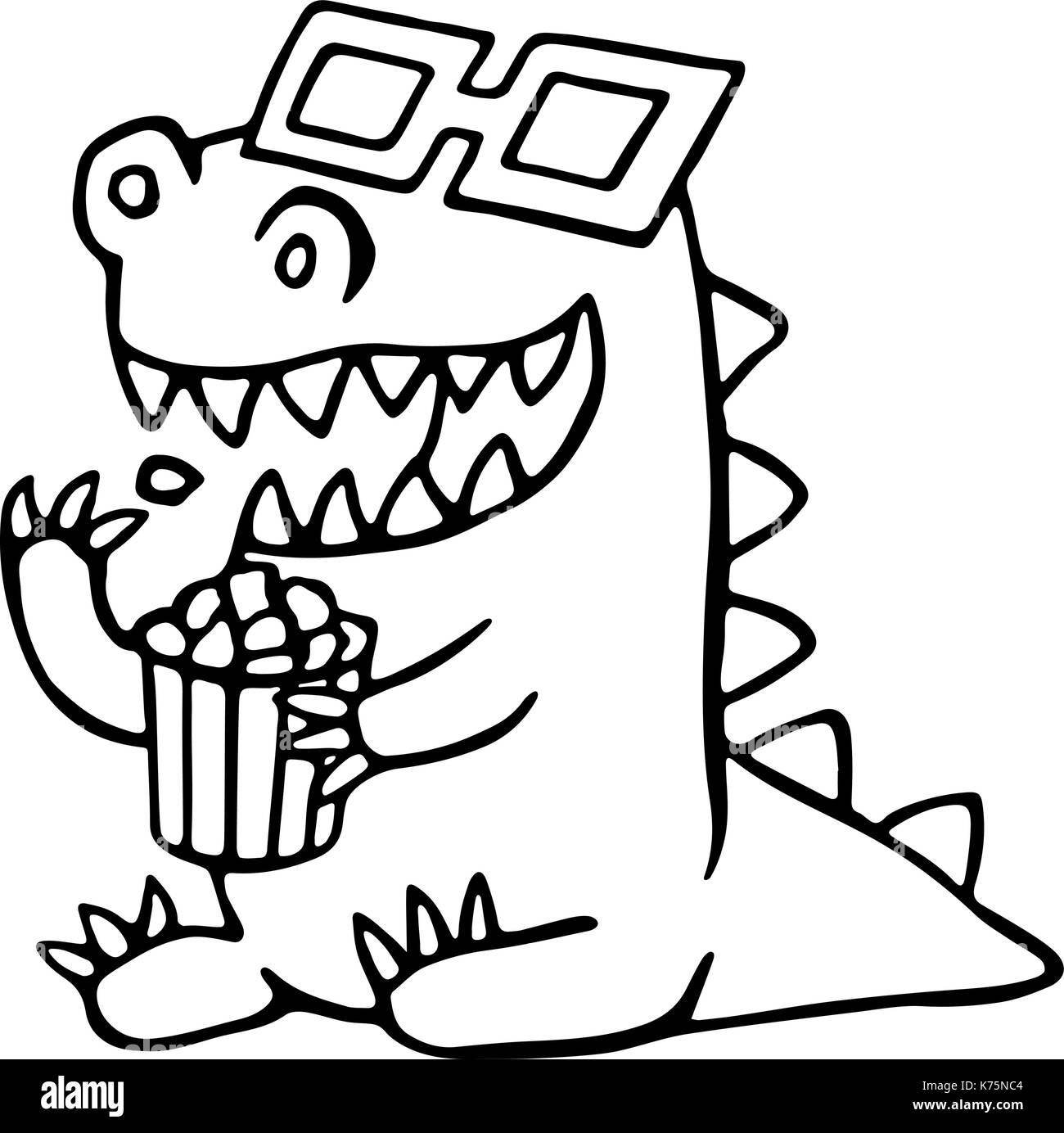 Cartoon dragon di occhiali stereo e una scatola di popcorn. illustrazione vettoriale. divertente simpatico personaggio immaginario. Illustrazione Vettoriale