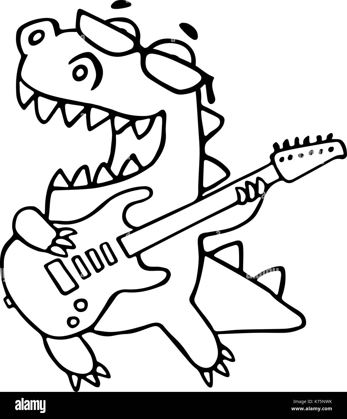 Il drago suonare la chitarra elettrica in nero occhiali. illustrazione vettoriale. occhiali su uno strato separato. Illustrazione Vettoriale