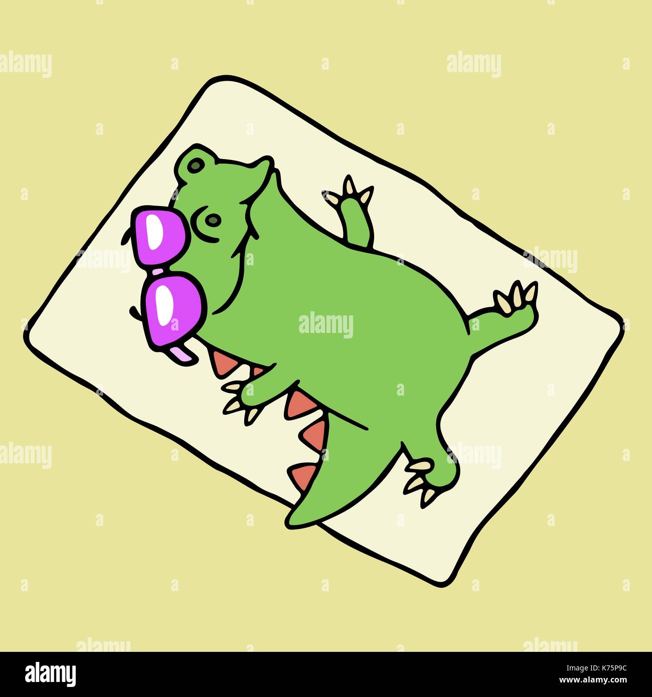 Dinosauro divertenti a prendere il sole sulla spiaggia. illustrazione vettoriale. Cartoon carino carattere. occhiali su uno strato separato. Illustrazione Vettoriale