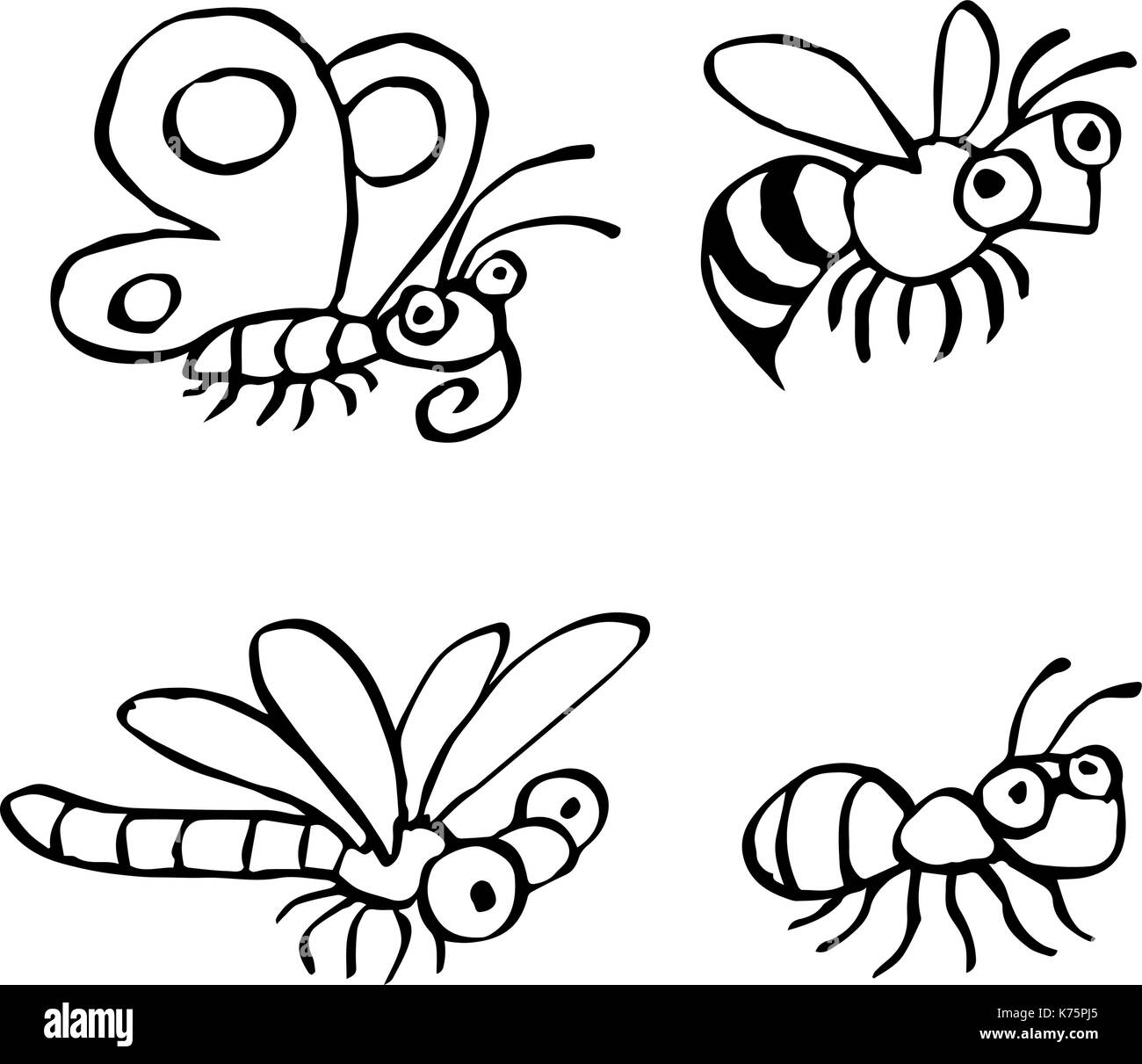 Carino insetti volare e strisciando. illustrazione vettoriale. contorno a mano libera il disegno digitale dei caratteri. butterfly, vespe, dragonfly e ant. colore bianco ba Illustrazione Vettoriale