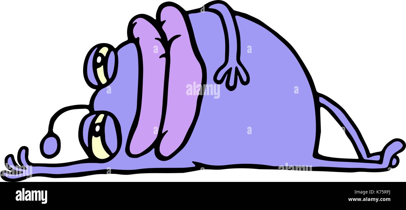 Carino viola alien in appoggio sdraiato. soggiorni e vacanze. animazione di cartoon carattere. illustrazione vettoriale. Illustrazione Vettoriale