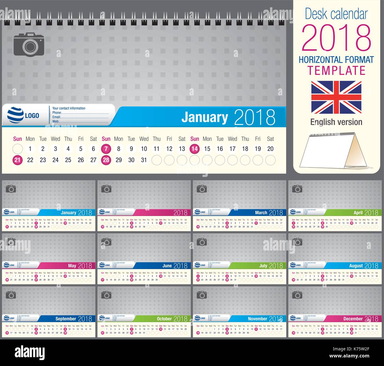 Utile scrivania calendario triangolo 2018 modello, pronto per la stampa. Dimensioni: 22 cm x 12 cm. formato orizzontale. Versione inglese Illustrazione Vettoriale