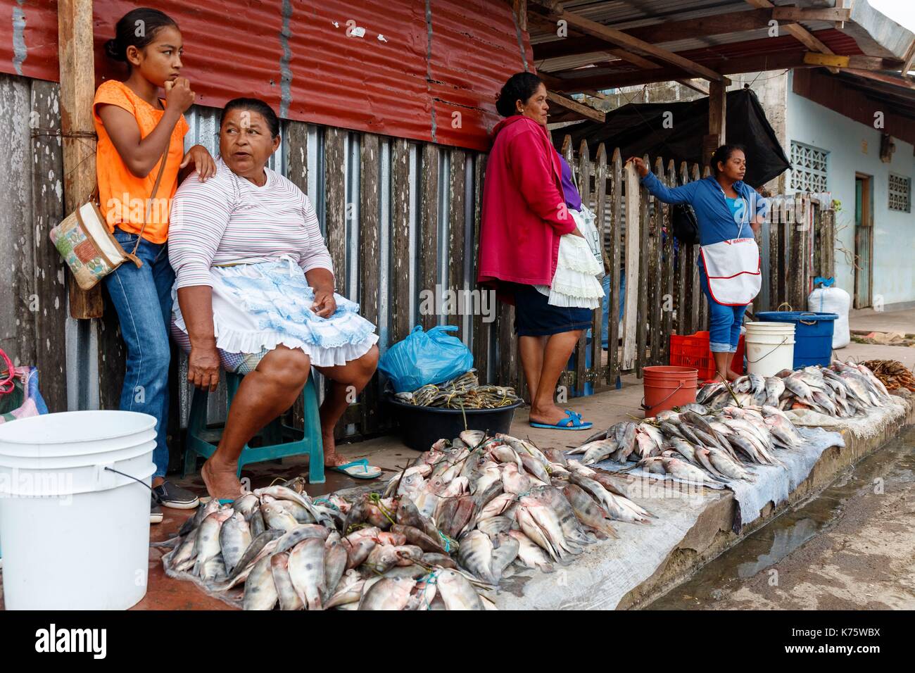 Nicaragua, Rio San Juan provincia, San Carlos, quattro donne vendita di pesci Foto Stock
