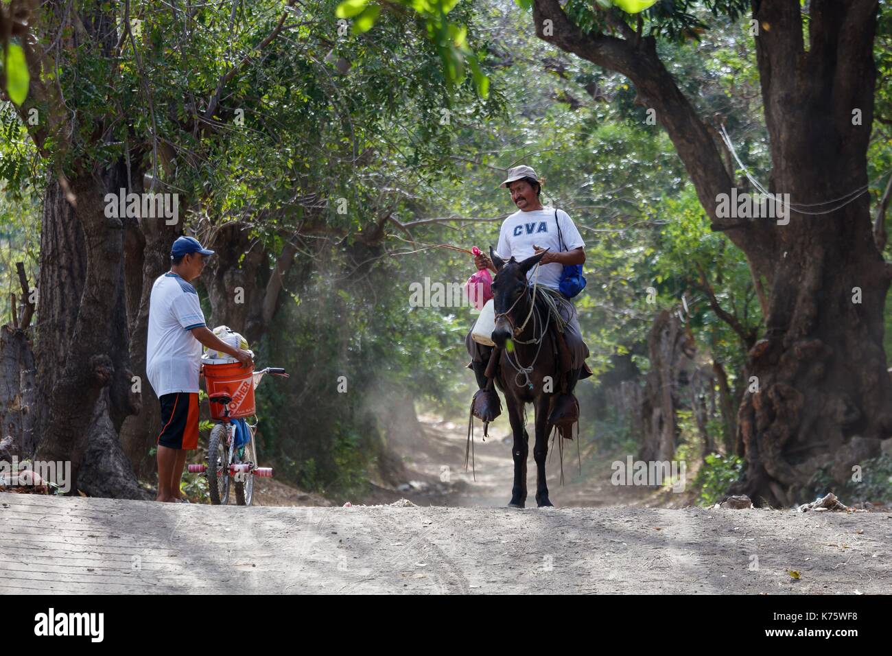 Nicaragua, Rivas provincia, isola di Ometepe, un uomo con una bicicletta e un uomo a cavallo Foto Stock