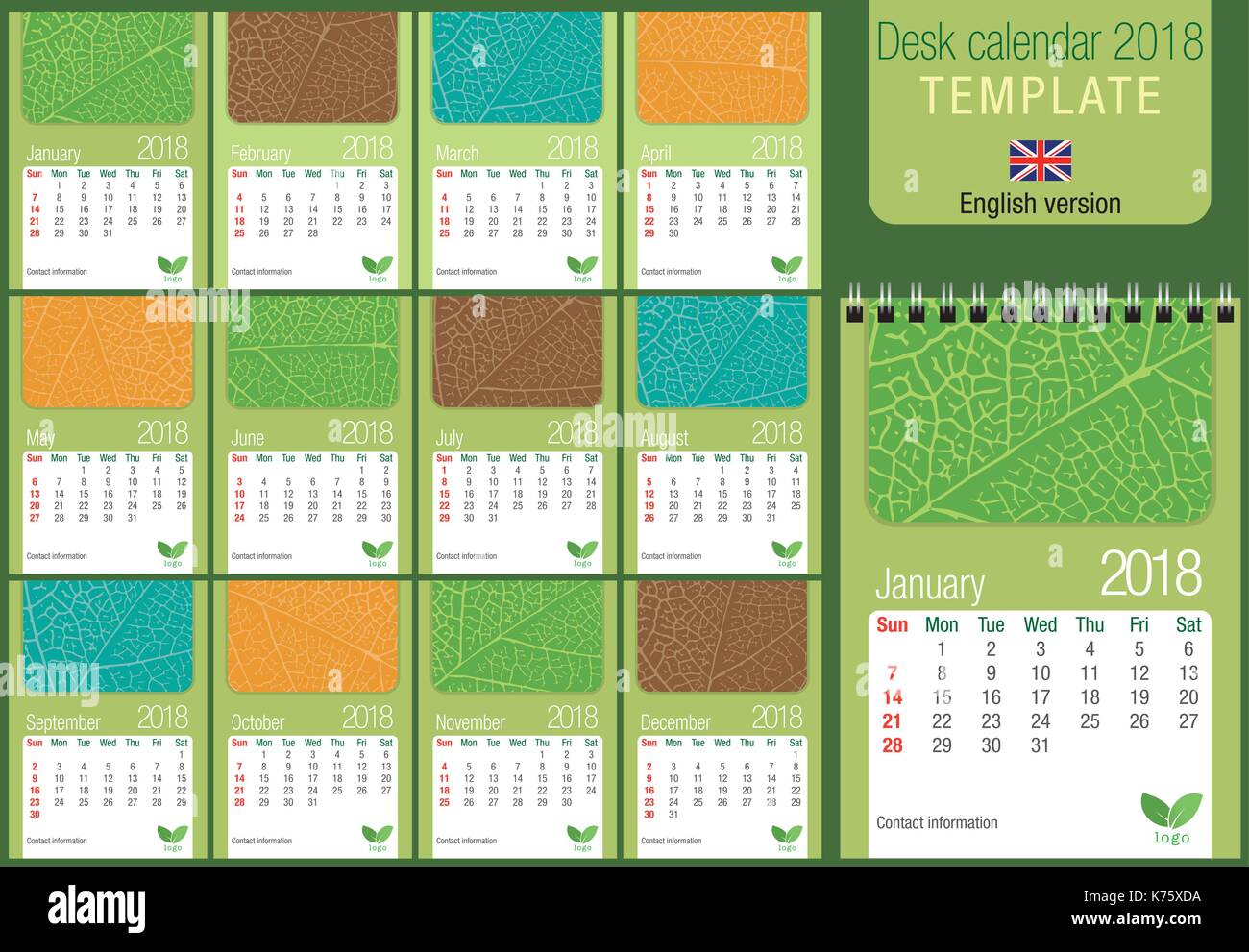 Utile scrivania calendario 2018 modello con texture foglia su sfondo verde. Dimensioni: 150 mm x 210 mm. Formato A5 verticale. Versione inglese Illustrazione Vettoriale
