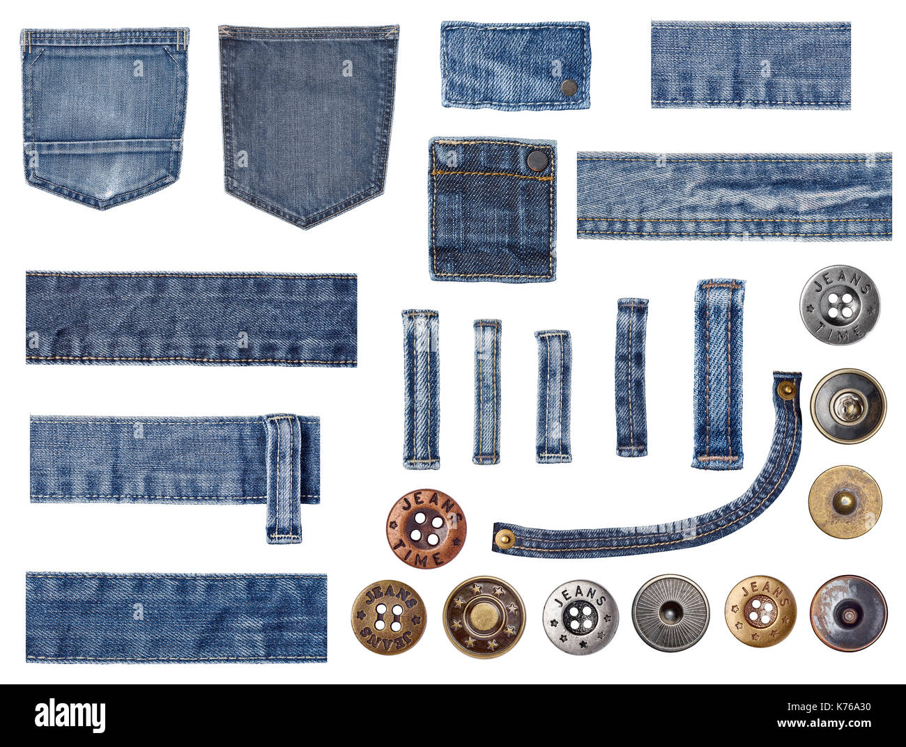 Raccolta di varie parti di jeans e pulsanti Foto Stock