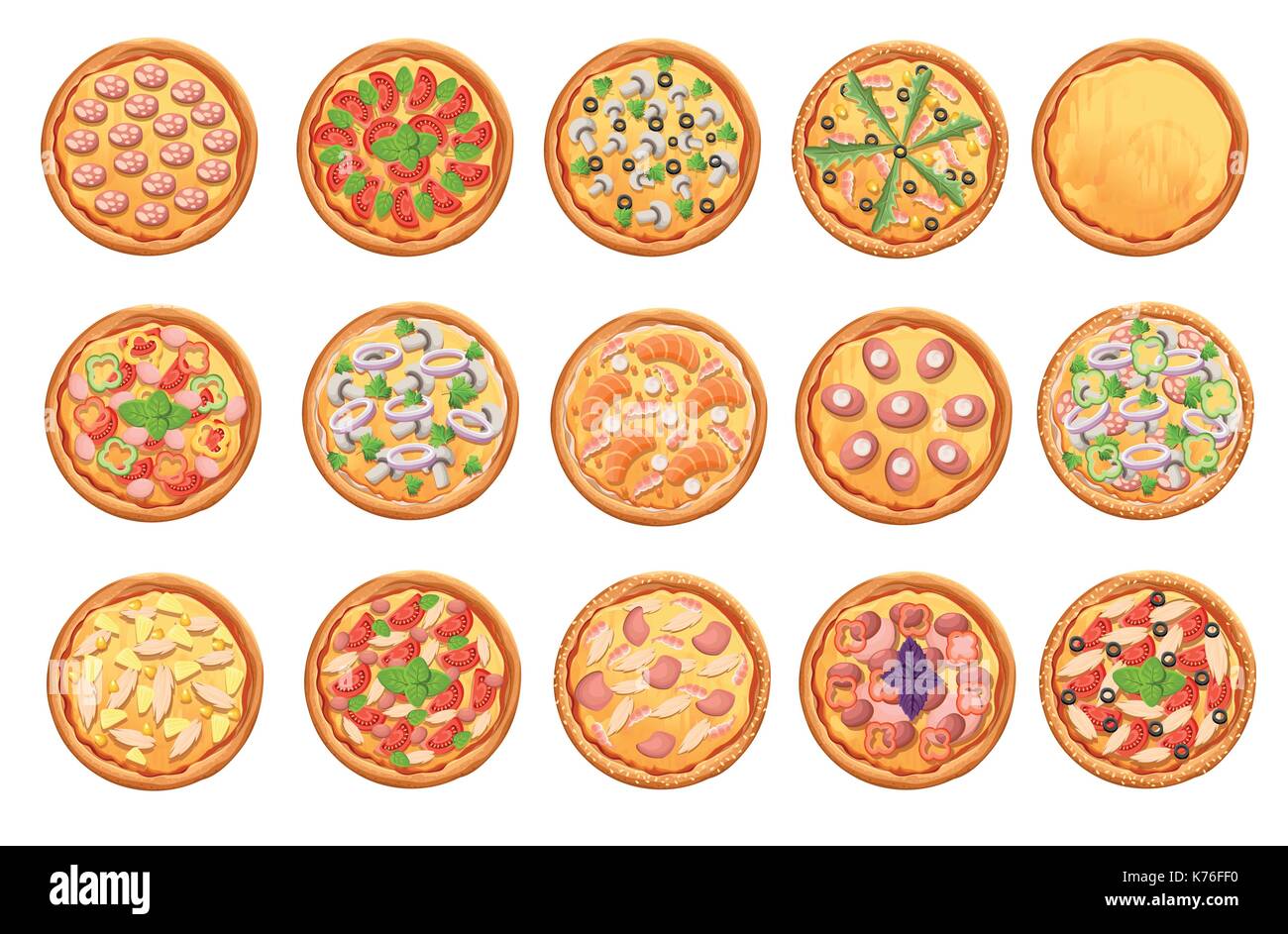 Set di pizza piatto icone isolati su pizza bianca vista superiore impostato. pagina del sito web e mobile app design elemento vettoriale Illustrazione Vettoriale