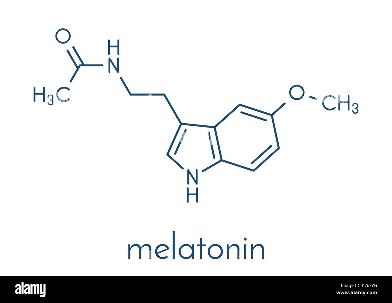 La melatonina ormone molecola. negli esseri umani, svolge un ruolo importante nel ritmo circadiano sincronizzazione. formula scheletrico. Illustrazione Vettoriale