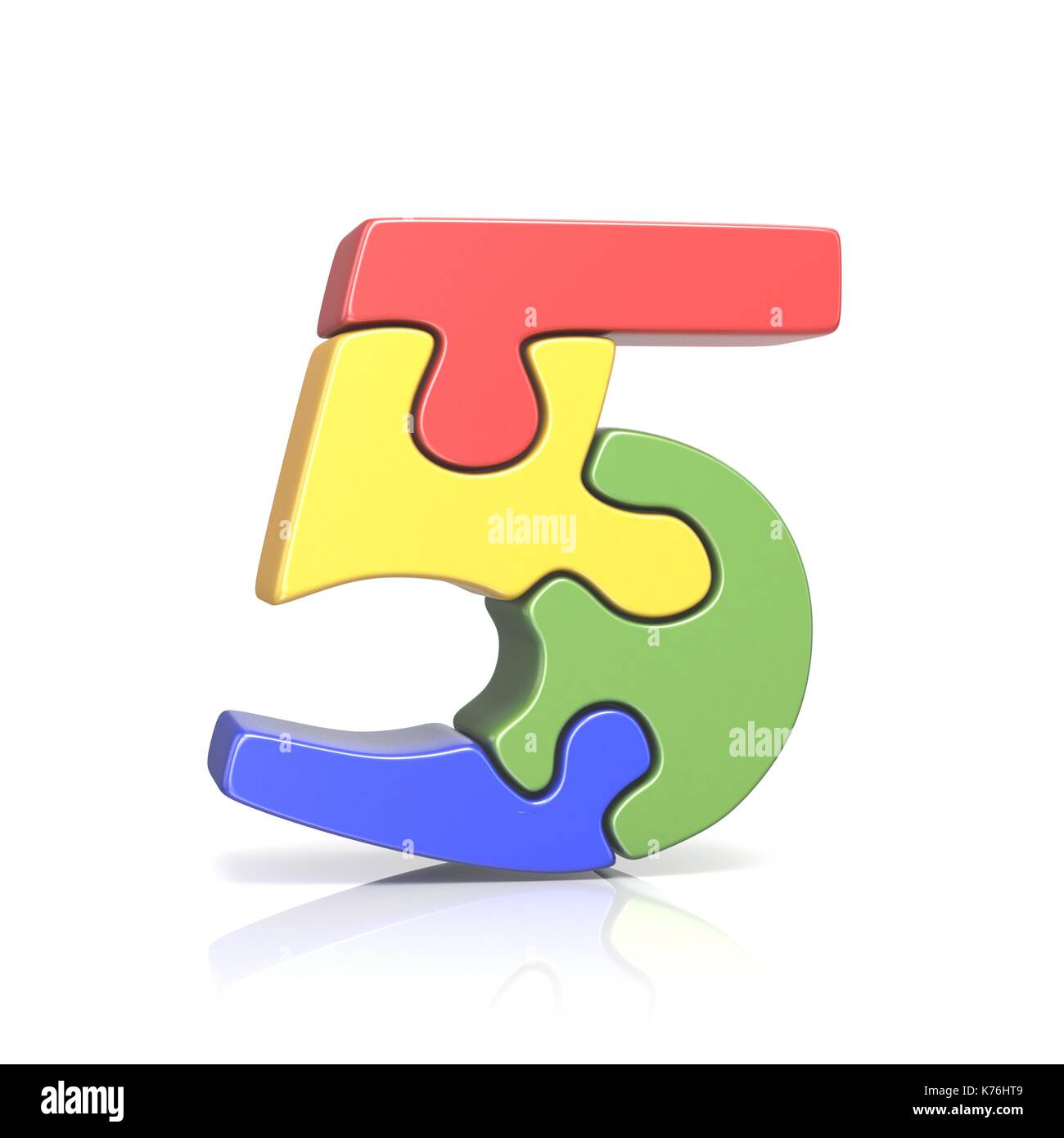 Puzzle jigsaw numero cinque 5 3D render illustrazione isolati su sfondo bianco Foto Stock