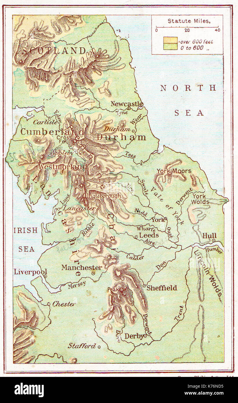 Un 1914 colore vintage mappa del Nord Inghilterra Foto Stock