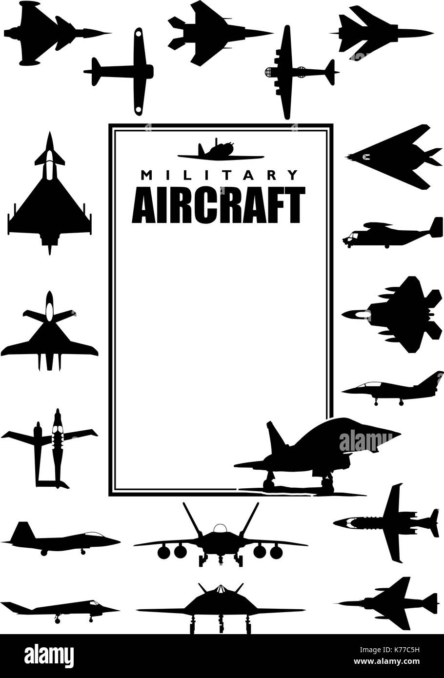 La copertina del libro con sagome di diversi tipi di aerei militari su sfondo bianco. Formato A4 - Immagine vettoriale Illustrazione Vettoriale