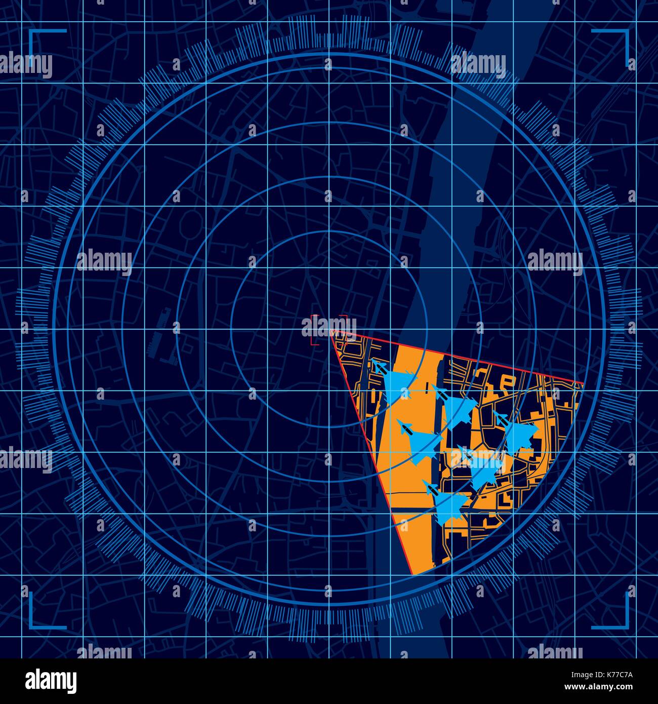 Blu sullo schermo radar di rilevare un gruppo di aerei militari volare in formazione nel corso di una città - immagine vettoriale Illustrazione Vettoriale