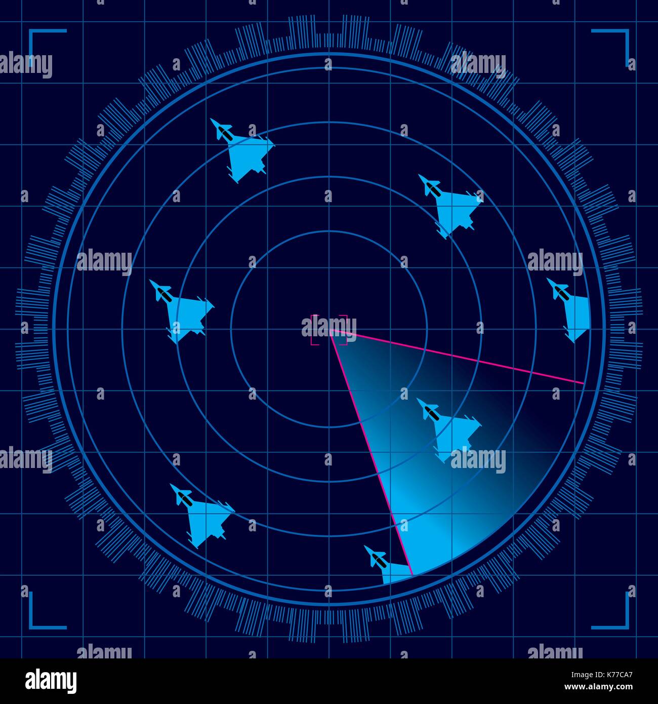 Blu sullo schermo radar di rilevare un gruppo di aerei militari volare in formazione - immagine vettoriale Illustrazione Vettoriale