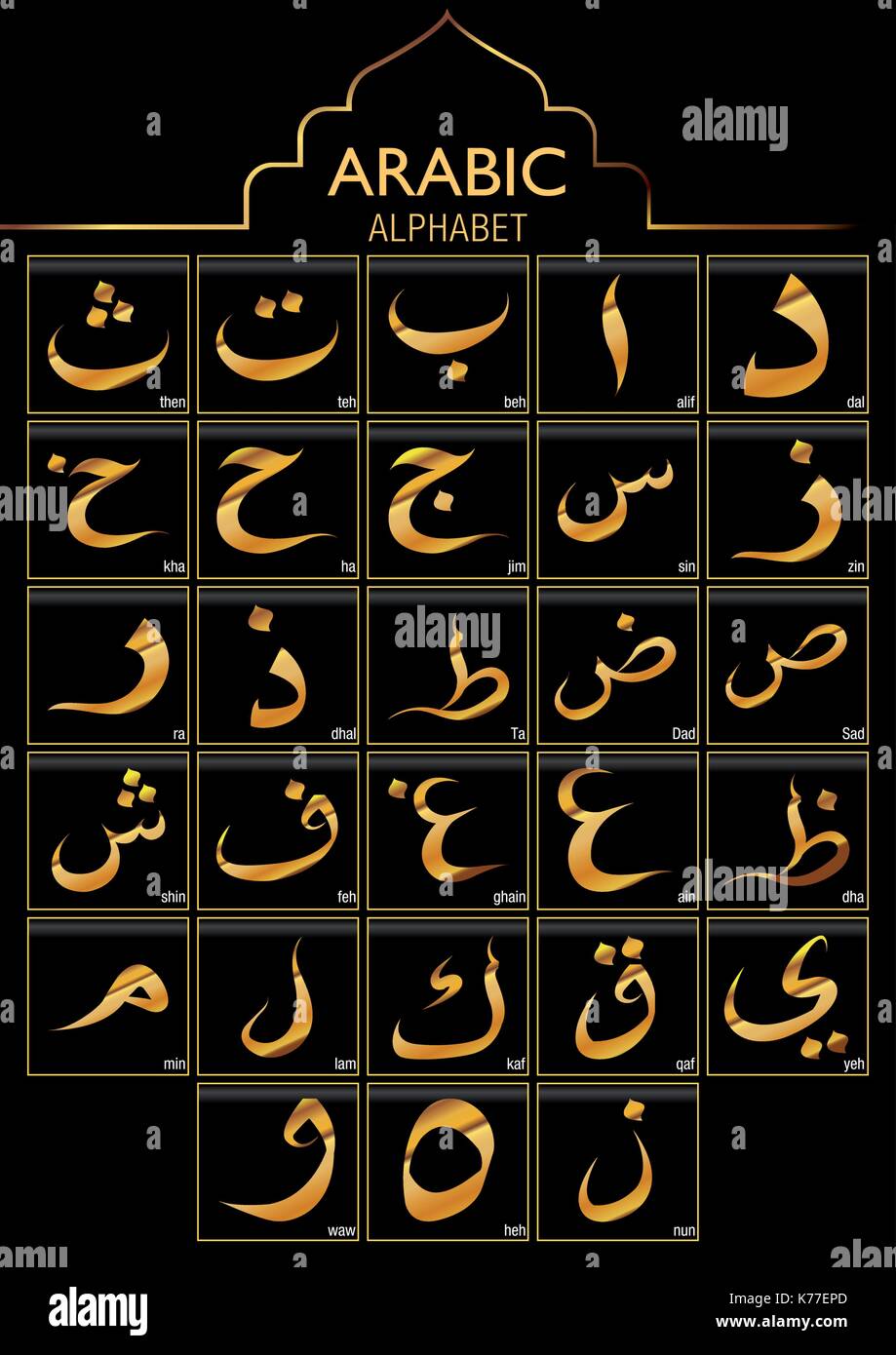 Set di oro alfabeto arabo su sfondo nero - immagine vettoriale Illustrazione Vettoriale