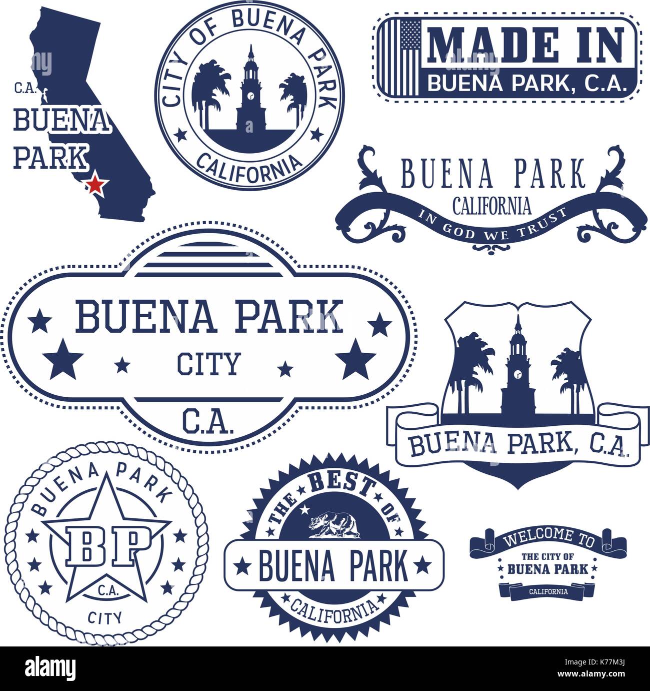 Serie di francobolli generico e segni di buena park City, California Illustrazione Vettoriale