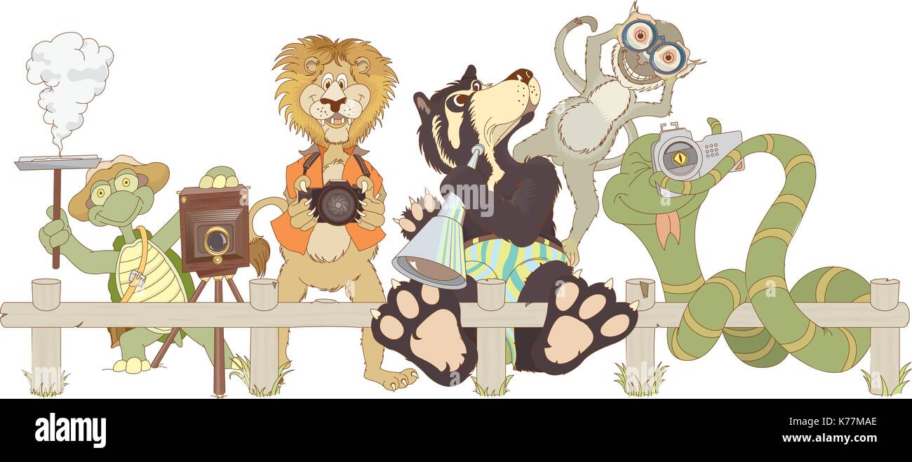 Animali da zoo cartoon. tartaruga, monkey lion, orso e snake scattare foto. disegno di animali. immagine vettoriale Illustrazione Vettoriale