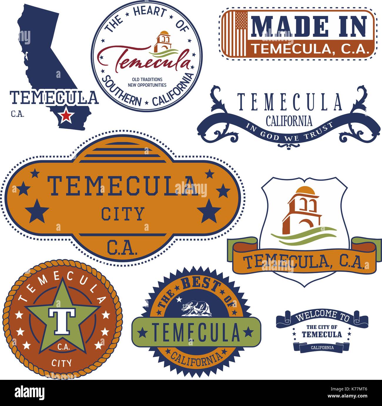 Serie di francobolli generico e segni di temecula City, California Illustrazione Vettoriale