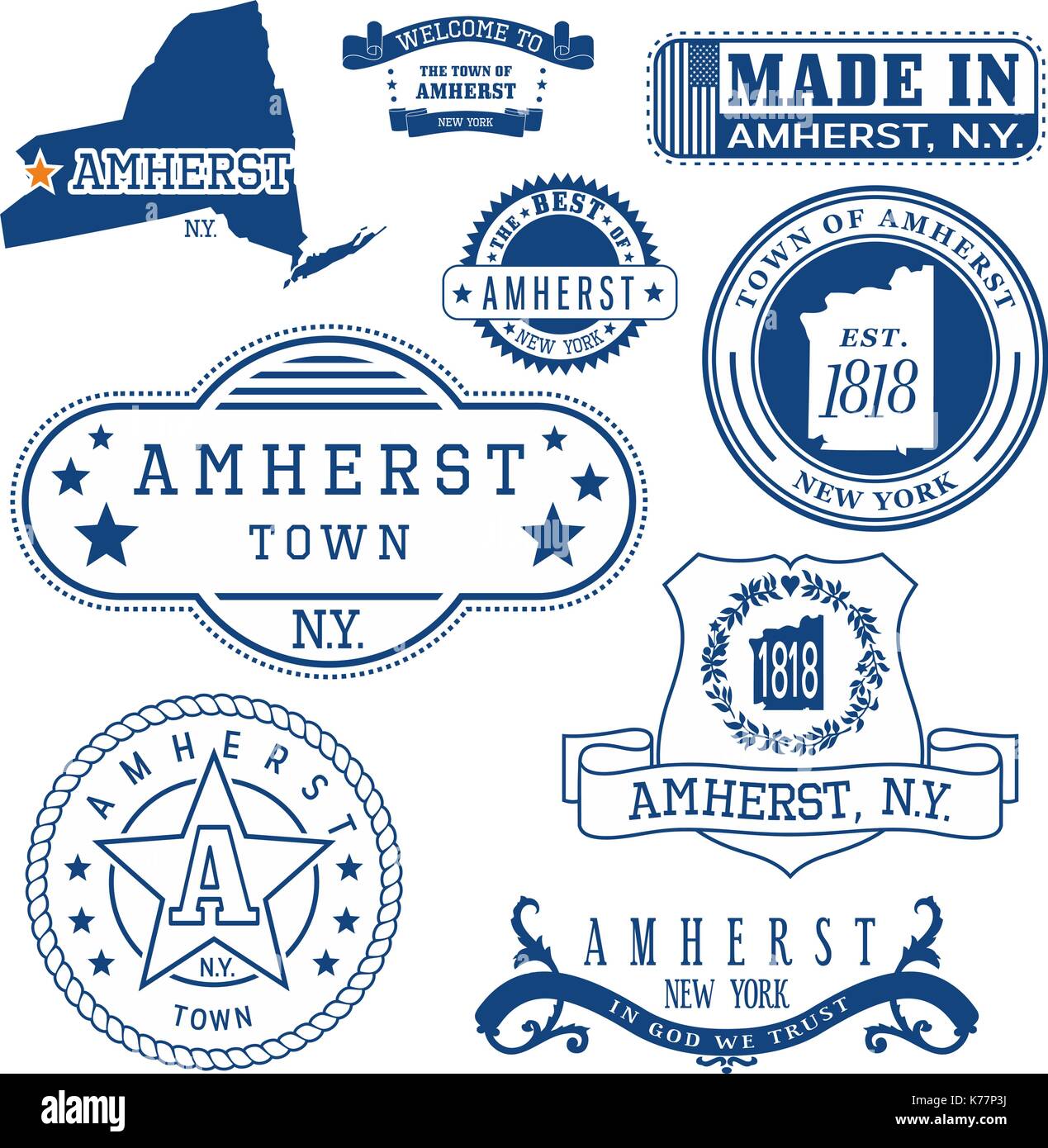 Serie di francobolli generico e segni di amherst città, nello stato di new york Illustrazione Vettoriale