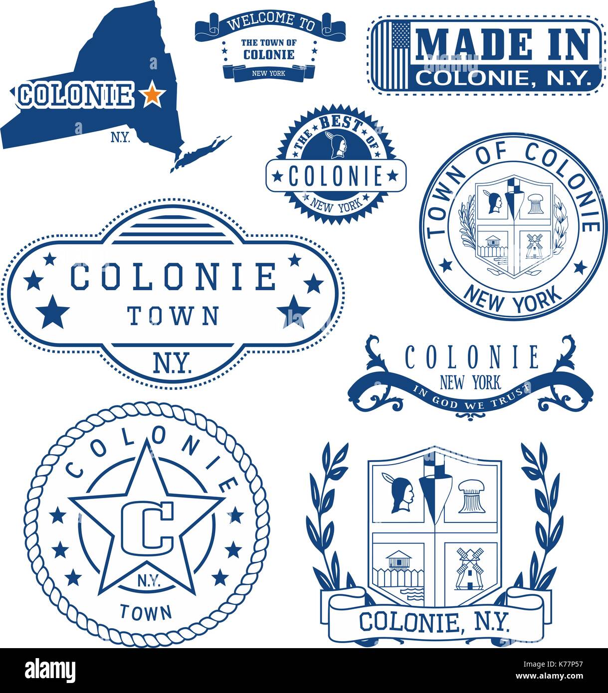 Serie di francobolli generico e segni di colonie città, nello stato di new york Illustrazione Vettoriale