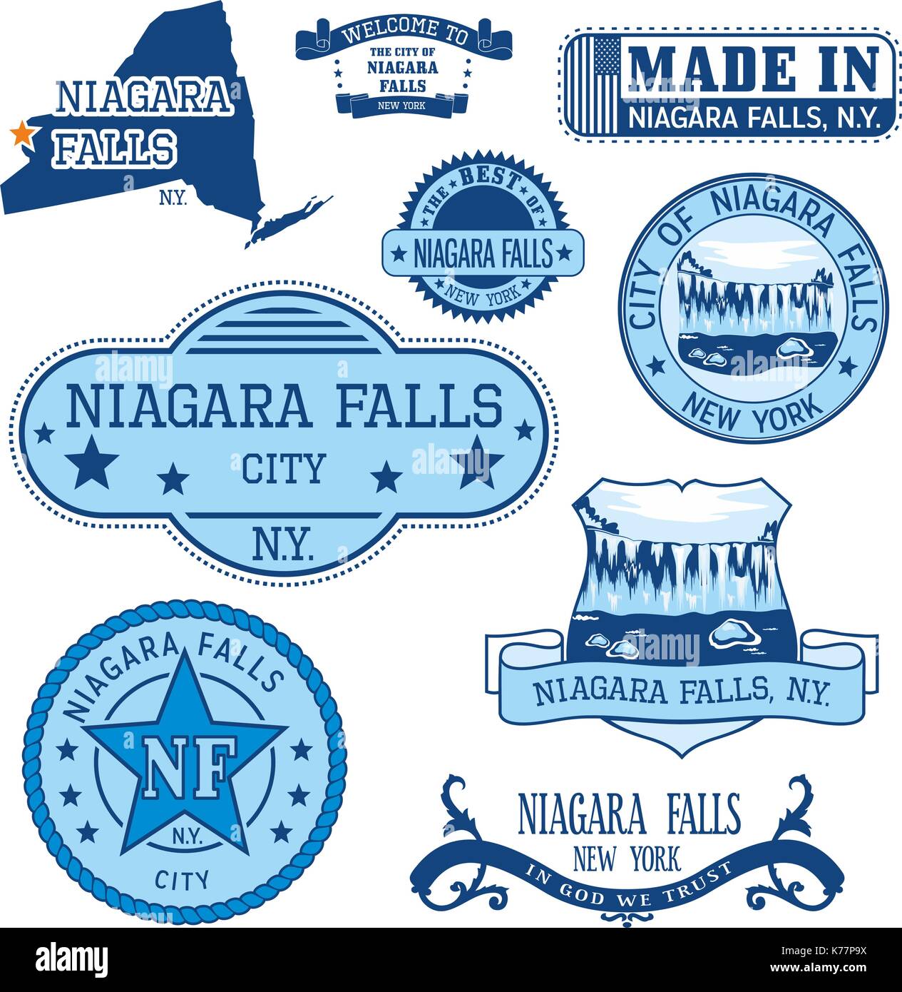 Serie di francobolli generico e segni di niagara falls city, nello stato di new york Illustrazione Vettoriale