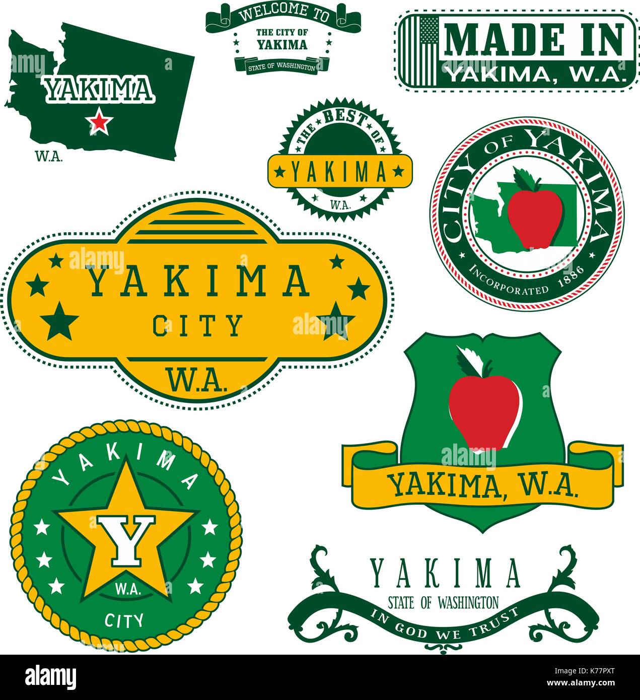 Serie di francobolli generico e segni della città di Yakima, Washington Illustrazione Vettoriale