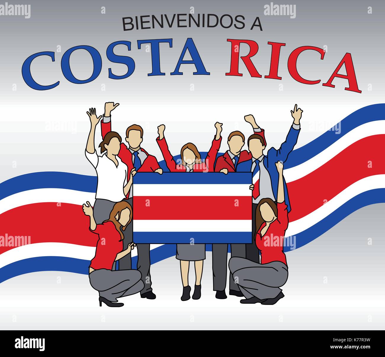 Benvenuti in Costa Rica in lingua spagnola- Gruppo di persone vestite con i colori della bandiera del Costa Rica, agitando con le mani e tenendo la bandiera Illustrazione Vettoriale