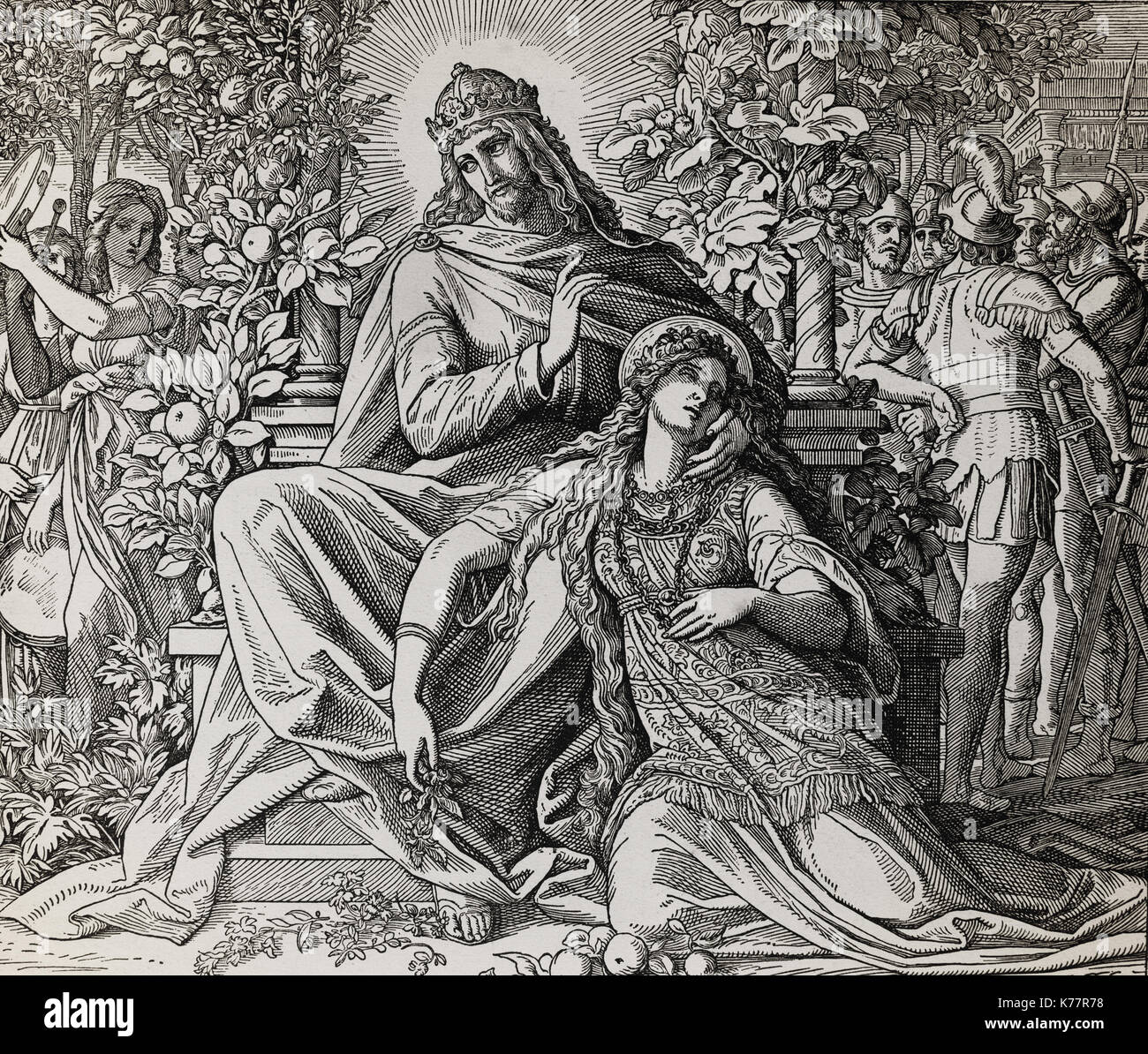 Il re Salomone e il suo amore, cantico dei cantici, grafica collage da incisione di scuola nazareene, pubblicato nella Sacra Bibbia, st.vojtech publishing, Trnava, Slovacchia, 1937. Foto Stock