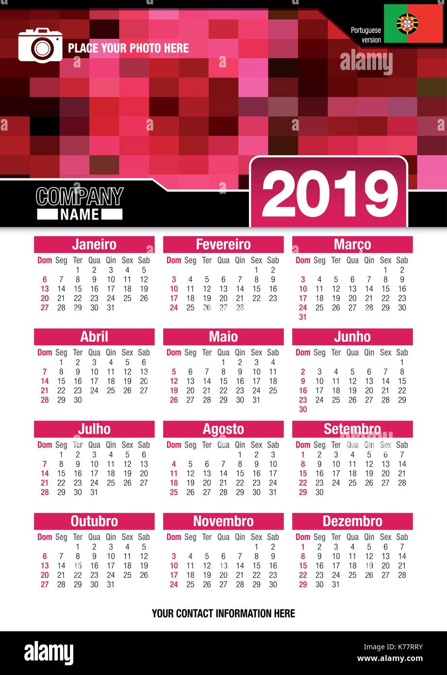 Utile calendario da parete 2019 con design di colori rosso mosaico. Formato A4 verticale. Dimensioni: 210mm x 297mm. Versione portoghese - immagine vettoriale Illustrazione Vettoriale