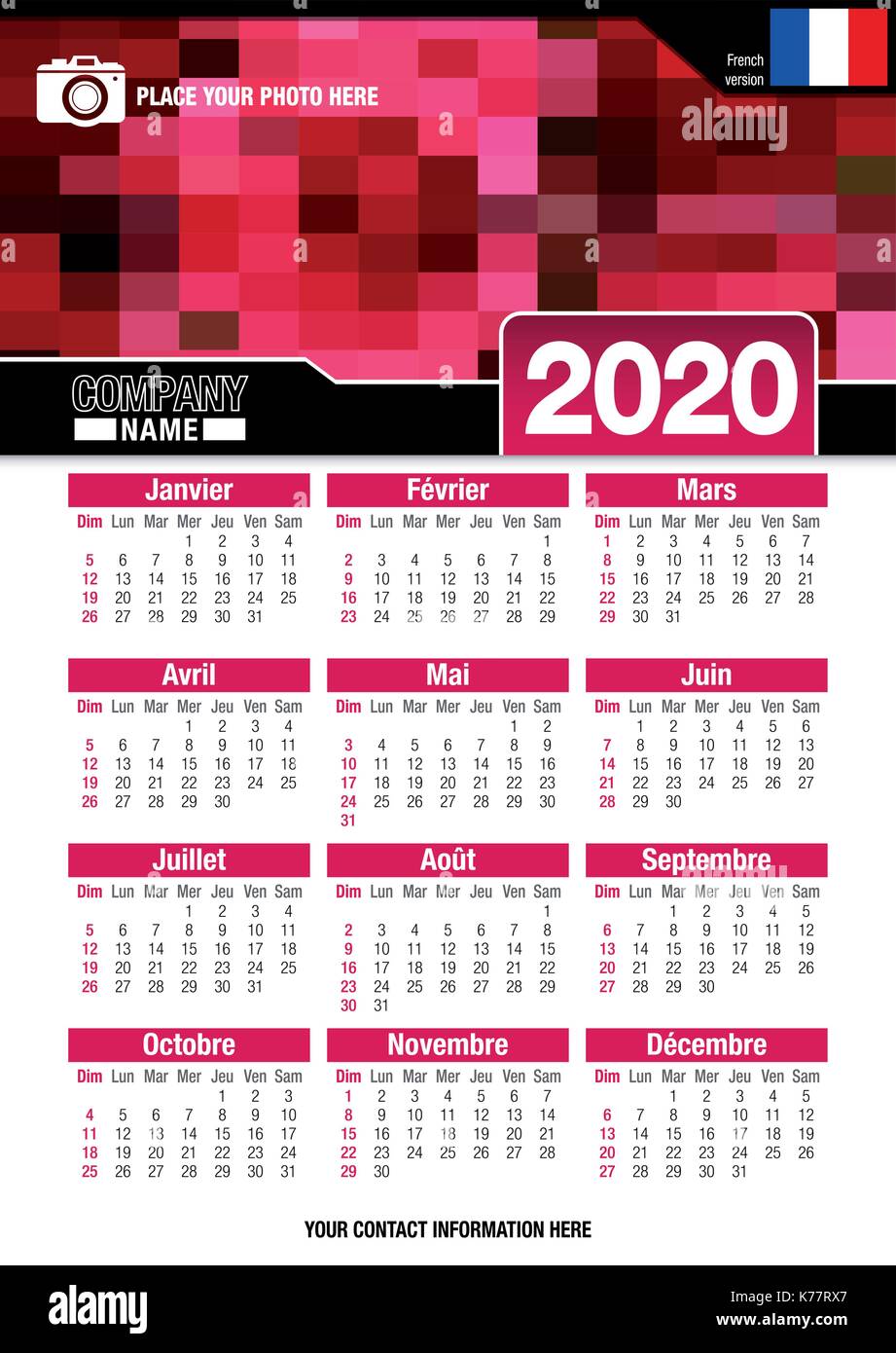 Utile calendario da parete 2020 con design di colori rosso mosaico. Formato A4 verticale. Dimensioni: 210mm x 297mm. Versione francese - immagine vettoriale Illustrazione Vettoriale