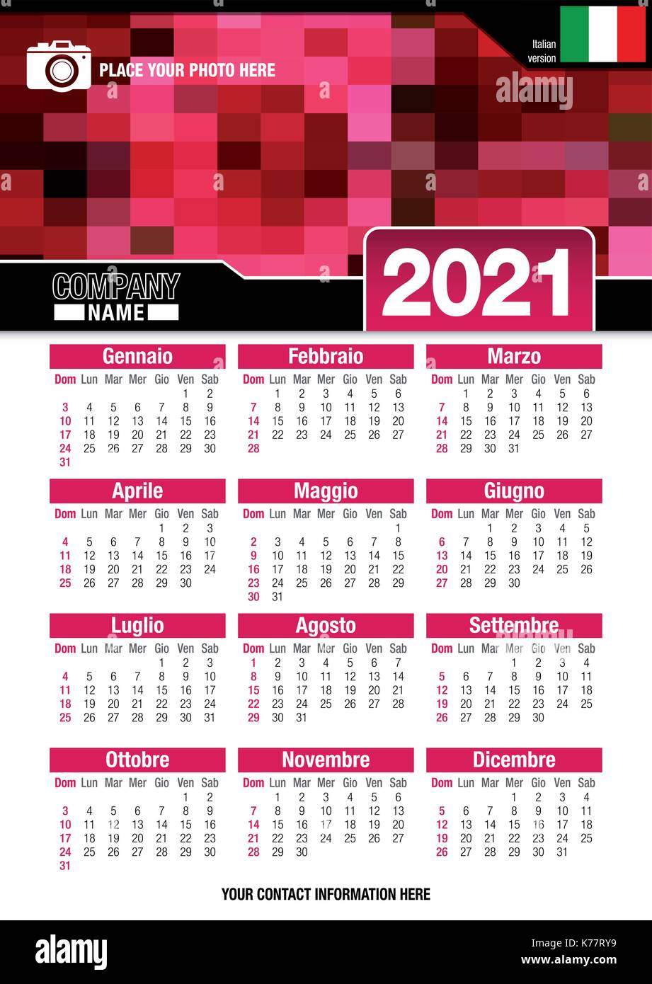 Utile calendario da parete 2021 con design di colori rosso mosaico. Formato A4 verticale. Dimensioni: 210mm x 297mm. Versione italiana - immagine vettoriale Illustrazione Vettoriale
