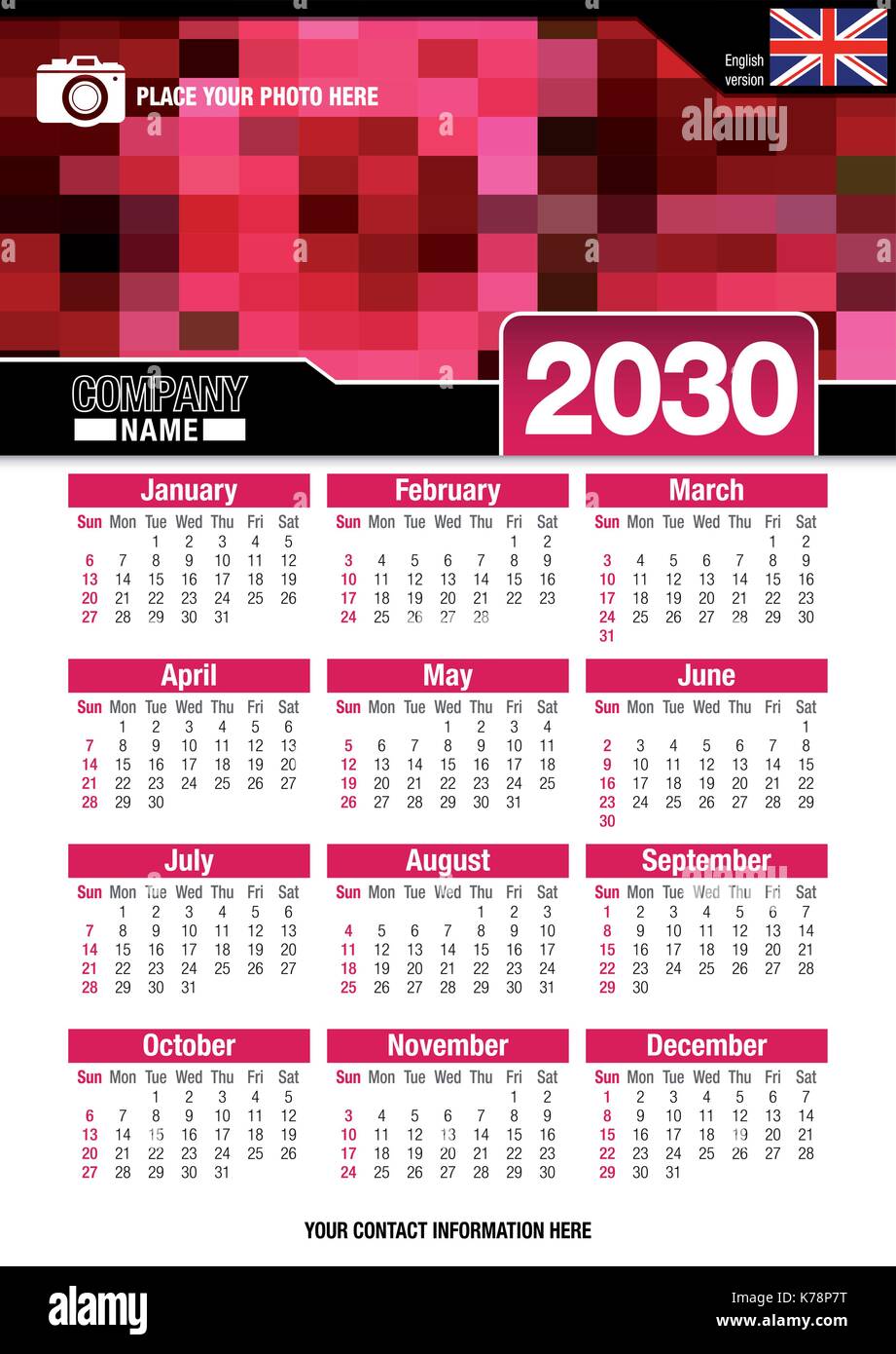Utile calendario da parete 2030 con design di colori rosso mosaico. Formato A4 verticale. Dimensioni: 210mm x 297mm. Versione Inglese - immagine vettoriale Illustrazione Vettoriale