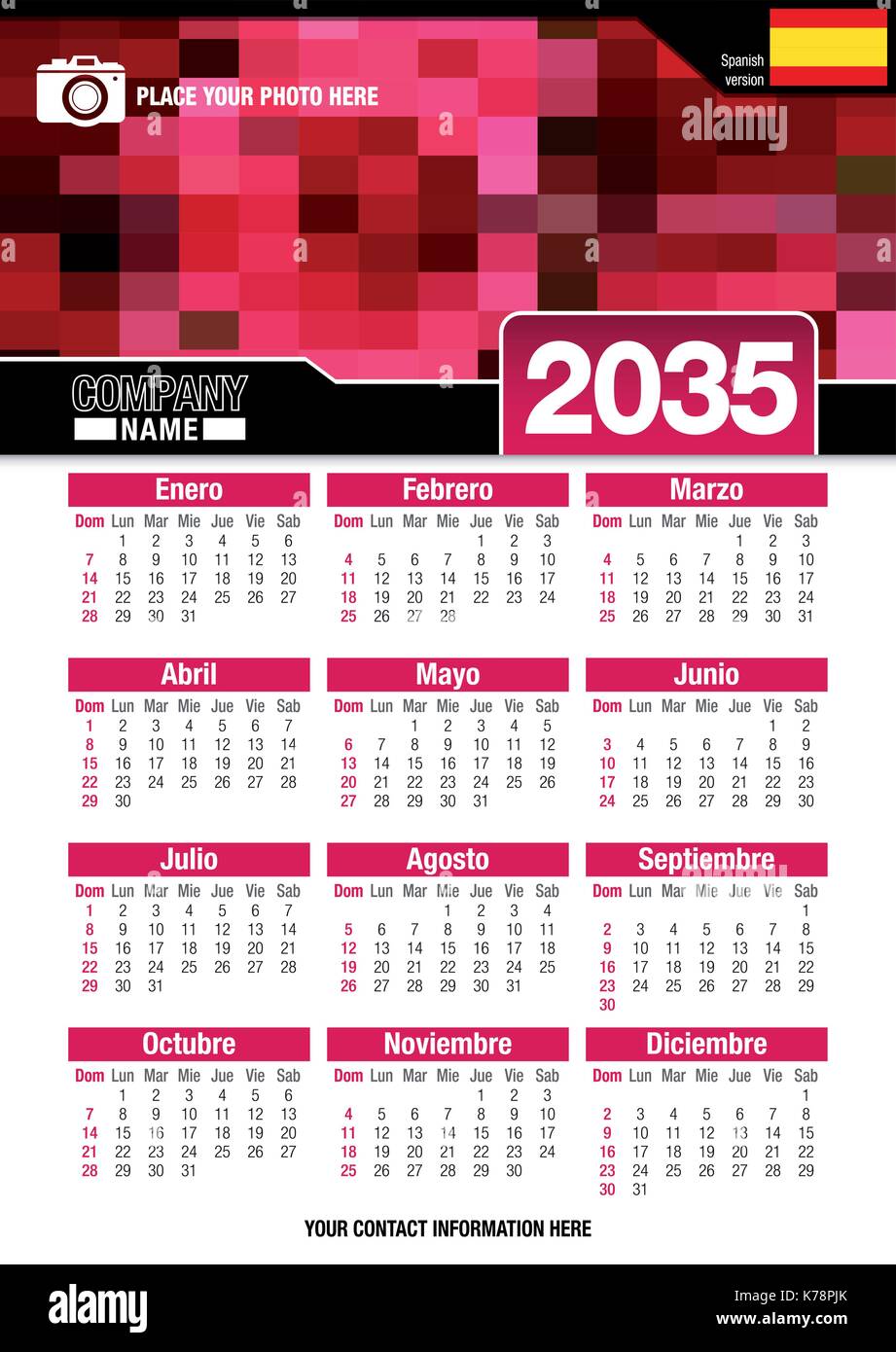 Utile calendario da parete 2035 con design di colori rosso mosaico. Formato A4 verticale. Dimensioni: 210mm x 297mm. Versione spagnola - immagine vettoriale Illustrazione Vettoriale