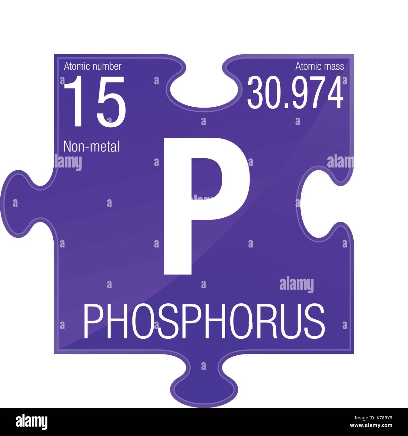 Simbolo di fosforo. Elemento numero 15 della tavola periodica degli elementi - Chimica - pezzo di puzzle con sfondo viola Illustrazione Vettoriale